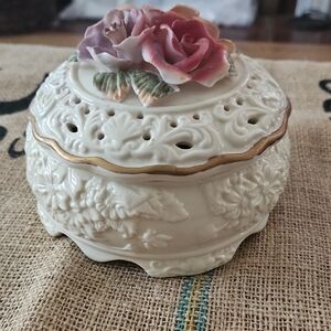 Porcelain Floral Trinket Box with Pink Rose